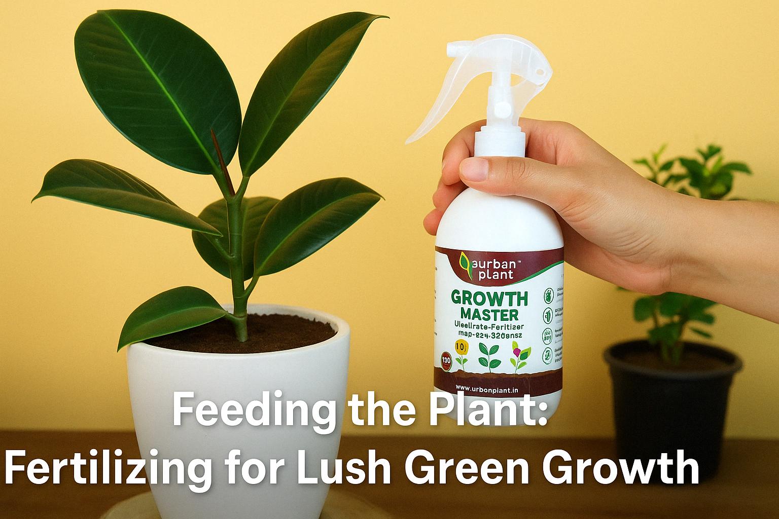Urban Plant Growth Master liquid fertilizer being used to feed a healthy indoor rubber plant in a white ceramic pot, promoting lush green foliage growth.